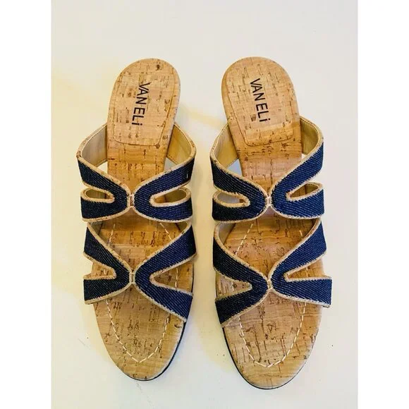 New Vaneli Matilda Blue Jean Sandal Side Women’s Size 7 1/2 N Low Heel Cork - Picture 3 of 14